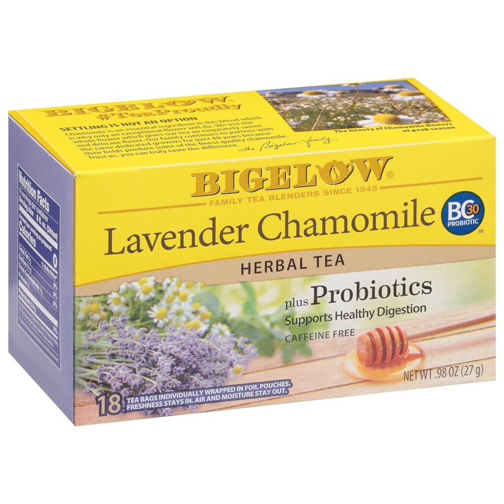 Bigelow Tea Lavender Chamomile Plus Probiotics Herbal Tea, Caffeine Free with Lavender Chamomile, 18 Count Box (Pack of 6), 108 Total Tea Bags