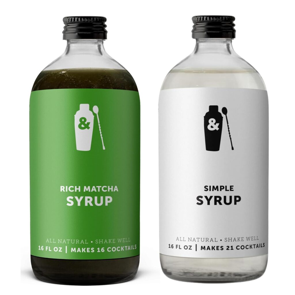 Shaker  Spoon 16oz Matcha Syrup + 16oz Simple Syrup, Cocktail Syrup Set, Flavored Syrups for Drinks, Coffee Syrups, Mocktails, Non Alcoholic Drinks, Cocktail Mixers