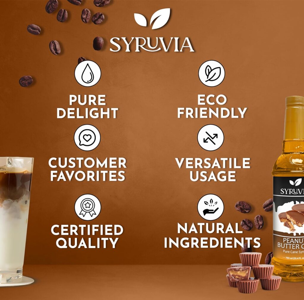 Syruvia Coconut Syrup – Coconut Coffee Syrup Flavor, 25.4 fl oz, Kosher, Gluten Free, Perfect for Coffee, Drinks, Soda, Desserts, and More, With Syrup Pump