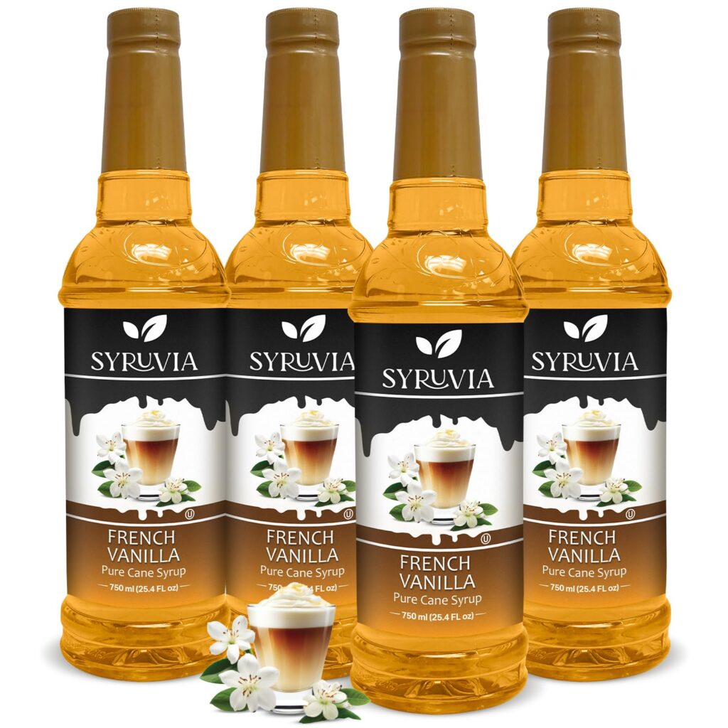 Syruvia French Vanilla Coffee Syrup – 25.4 fl oz – Syrup for Coffee, Lattes, Shakes, Smoothies, Desserts – 100% Vegan, Gluten Free, Kosher Delicious Syrup, (Pack of 4)