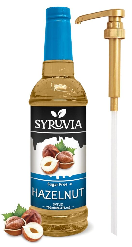 Syruvia Sugar Free Hazelnut Syrup With Syrup Pump Dispenser – Hazelnut Coffee Syrup Flavor, 25.4 fl oz, Kosher, Gluten Free, Perfect for Coffee, Drinks, Soda, Desserts, and More,